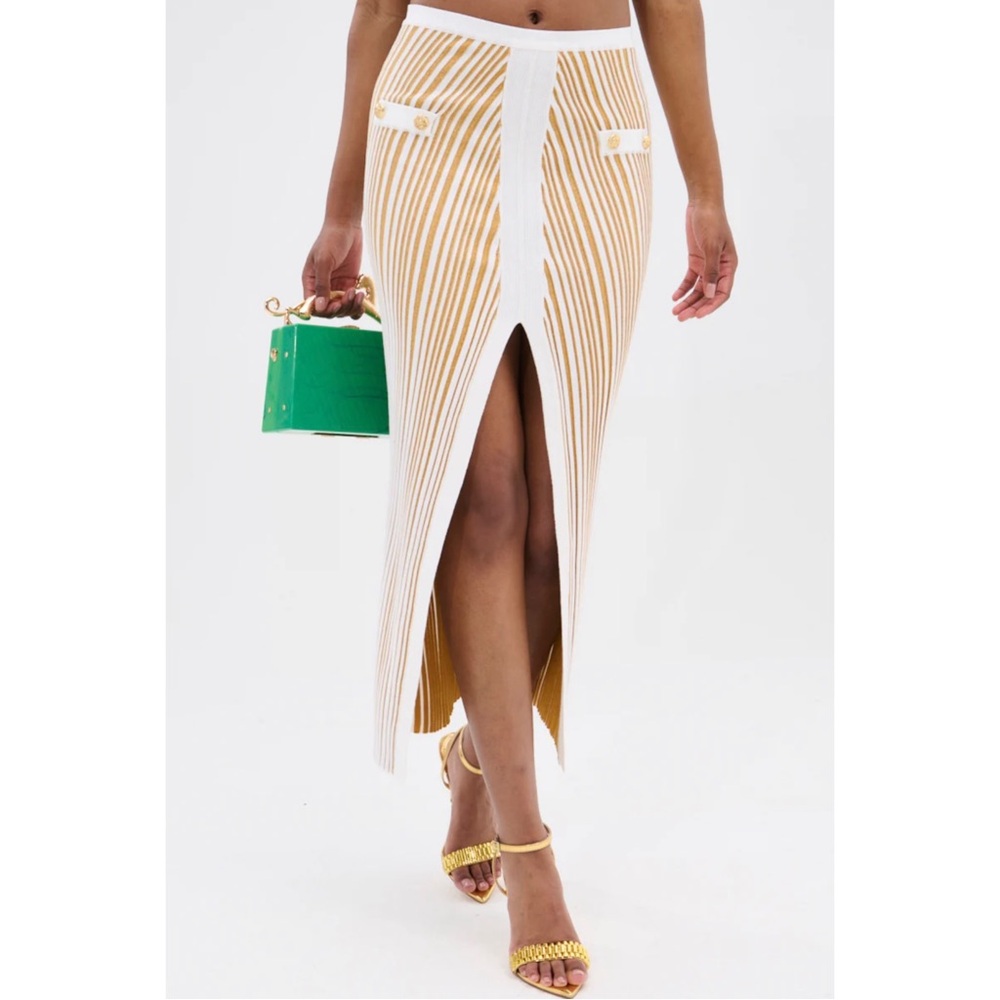 Gold and White Ribbed Metallic Maxi Skirt (matching shirt also for sale)